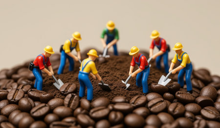 Tiny figures in colorful shirts and hard hats are hard at work, using small shovels to arrange a mound of coffee grounds, creating a playful scene set against a smooth background.の写真素材