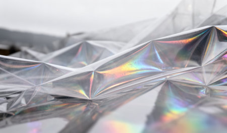 Crumpled transparent sheets reflect a spectrum of colors under soft, cloudy skies. The texture adds depth and intrigue to the bright scene.の写真素材
