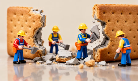 A group of small construction workers is busy demolishing a graham cracker wall. They use tools to break apart the sweet structure, creating a fun and imaginative scene filled with action.の写真素材