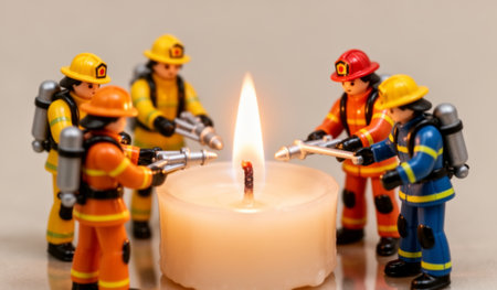 Five colorful firefighter figures stand in a circle around a lit candle, each holding a mini hose. They appear focused on the flame, showcasing their readiness and cooperation in a playful scene.の写真素材