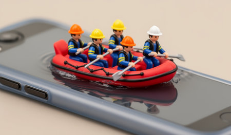 Tiny toy figures in a red boat row across the surface of a smartphone, creating a whimsical water rescue scene. The bright colors bring a playful touch to the everyday device during a relaxed day.の写真素材