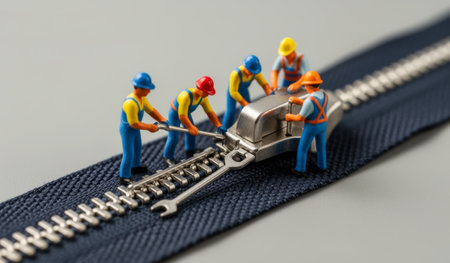 Tiny figures in colorful hard hats collaborate to repair a metal zipper. They use tools and teamwork on a navy blue backdrop, capturing a moment of creativity and craftsmanship.の写真素材