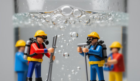 Two miniature workers in safety helmets and gear face each other above bubbles in a glass of water. The vibrant colors and playful details create a whimsical scene of exploration.の写真素材