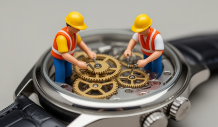 Two tiny construction workers in hard hats are diligently fixing intricate gears inside a watch.の写真素材