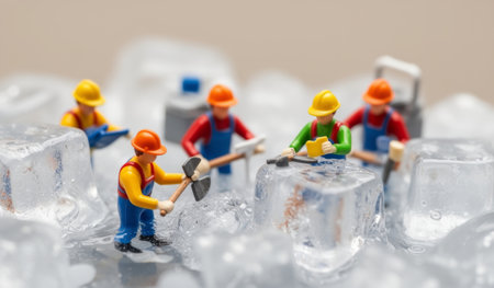 Tiny figures in colorful outfits are digging and shaping large ice blocks on a shiny surface. Their tools sparkle as they create a whimsical construction site, showcasing imagination and creativity.の写真素材