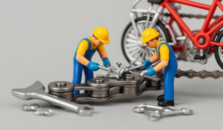 Two small figures dressed in blue overalls and yellow helmets are focused on repairing a red bicycle. Tools are spread out, highlighting their diligent effort in a playful workshop environment.の写真素材