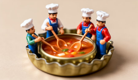 Four miniature chefs in colorful outfits stir a delicious pot of soup filled with vibrant vegetables. Their teamwork shines as they create a delightful meal.の写真素材