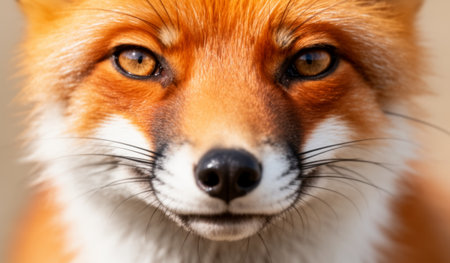 A vibrant red fox gazes directly at the viewer, showcasing its striking amber eyes and soft fur. The sunlight highlights its features, creating a captivating moment in nature.の写真素材