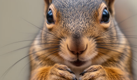A lively squirrel gazes curiously at the viewer, its whiskers twitching. The backdrop is a soft blur, highlighting the vibrant details of its fur and expressive eyes as it enjoys a warm, sunny day.の写真素材