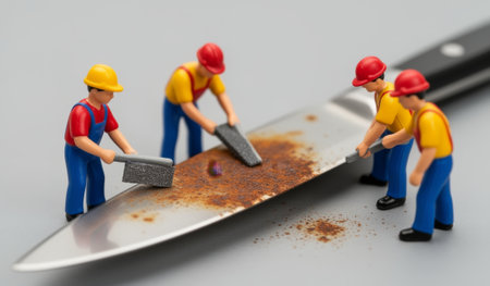 Four tiny figures, dressed in colorful construction outfits, are using tools to scrub rust from a shiny knife. Their teamwork on the kitchen surface brings a playful vibe to the daily chore.の写真素材
