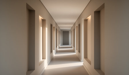 A sleek, modern hallway features illuminated niches along its walls, creating a warm atmosphere. Soft light spills through, enhancing the calming design. The space invites curious minds to wander.の写真素材