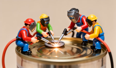 Small toy figures dressed as welders gather around a metal can, using torches to create sparks and demonstrate teamwork. The scene captures a playful yet industrious atmosphere.の写真素材
