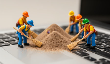A group of colorful miniature workers uses tiny brooms to create a sand mountain on a laptop keyboard. Their joyful teamwork captures a whimsical moment of creativity and fun.の写真素材