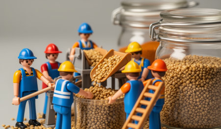 Miniature construction workers gather around jars filled with small grains, using tools and equipment to manage their tasks in a playful setting, showcasing teamwork and creativity.の写真素材