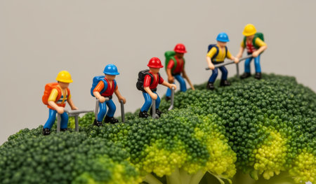 Colorful miniature figures are trekking across a broccoli landscape, showcasing a creative hike. The playful scene captures the spirit of adventure and imagination among fresh vegetables.の写真素材