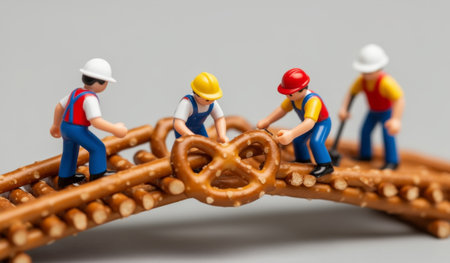 A delightful scene shows tiny construction workers assembling a bridge made of pretzel pieces. The workers, dressed in colorful outfits, collaborate joyfully, showcasing teamwork and creativity.の写真素材