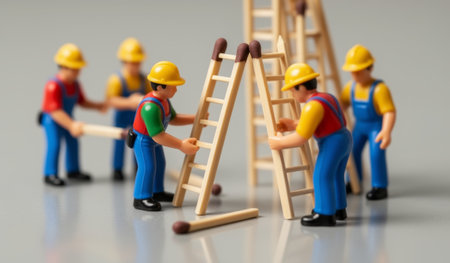 A group of colorful toy construction workers is busy setting up ladders, working together on a playful building project. Their bright outfits and teamwork bring fun to the scene.の写真素材