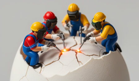 Miniature construction workers in colorful outfits are carefully breaking through a large egg shell.の写真素材