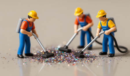 Three small construction figures are using vacuums to clean a sparkling mess of glitter on a smooth, shiny surface. This whimsical scene captures a diligent cleaning effort in miniature form.の写真素材