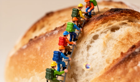 Miniature figures ascend a towering slice of bread, equipped with ladders and backpacks. This playful scene captures a fun and imaginative bakery adventure filled with camaraderie and creativity.の写真素材