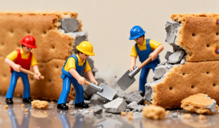 Miniature construction workers are busy demolishing a large block. They use shovels and show teamwork while enjoying the creative play of building and breaking down.の写真素材