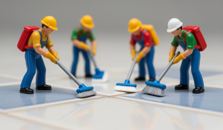 Miniature figures in hard hats and bright uniforms are focused on scrubbing tiles with their cleaning tools. They work collaboratively, ensuring every corner sparkles in the afternoon light.の写真素材