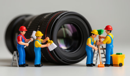 Miniature construction workers gather around a camera lens, using brushes and ladders. They paint and tidy up, showcasing imagination in a playful scene of maintenance and teamwork.の写真素材