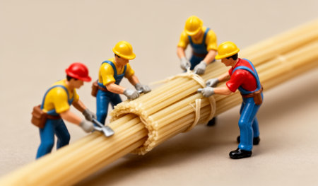 Small construction workers, dressed in bright uniforms and hard hats, gather around a bunch of spaghetti noodles, tying them together with careful precision in a playful setting.の写真素材