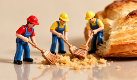 Three small figures in colorful outfits diligently sweep up crumbs from a buttery pastry. Their teamwork showcases a playful scene, bringing life to the kitchen environment with a touch of fun.の写真素材