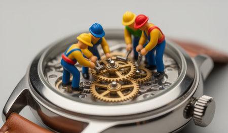 In a playful scene, miniature figures dressed as workers engage with the gears of an elegant vintage watch.の写真素材
