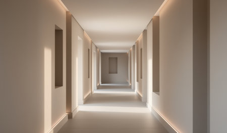 Soft light filters through a minimalist hallway, highlighting clean lines and subtle textures. The serenity of the space invites reflection and tranquility in the late afternoon glow.の写真素材