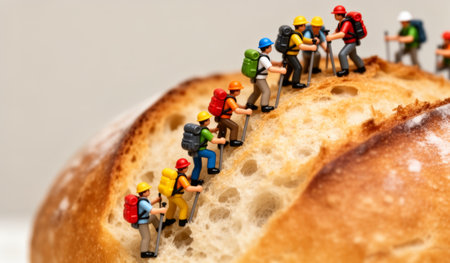 Tiny hiker figures ascend the textured crust of a loaf of bread, creating a playful scene that blends hiking with baking. Their colorful outfits add joy to the unique trek amidst floury peaks.の写真素材