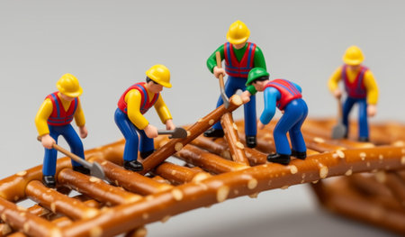 Small toy construction workers are busy assembling a bridge made of pretzel sticks. The playful setting showcases creativity with vibrant colors and whimsical details, bringing fun to a snack.の写真素材