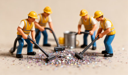A team of four tiny construction workers is busy sweeping up a pile of glitter on a light surface. They appear focused and determined, wearing yellow hard hats and safety vests.の写真素材