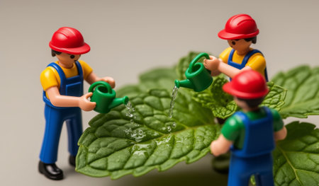 Three cheerful gardeners in bright hats tend to lush green leaves, carefully watering them in the warm sunlight. Their efforts bring life and joy to the vibrant garden.の写真素材