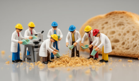 Small figures in lab coats and hard hats work together, examining bread crumbs and conducting experiments. Their focused teamwork brings a playful twist to scientific exploration in the bakery.の写真素材
