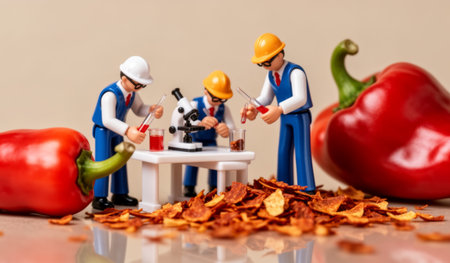 Researchers, dressed in blue lab coats and helmets, explore the properties of chili peppers using a microscope. The scene is lively with red peppers and dried flakes scattered around.の写真素材