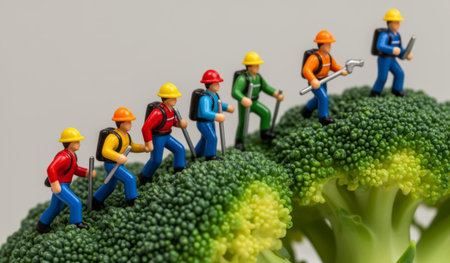 A group of tiny toy climbers ascends the green peaks of a broccoli, showcasing a whimsical adventure in a kitchen setting. Each figure is brightly colored, bringing a sense of fun and creativity.の写真素材