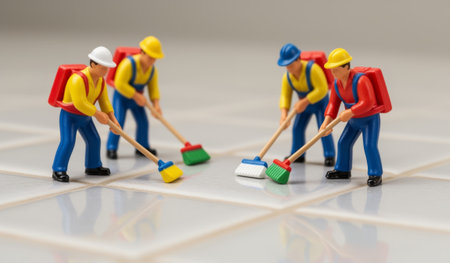 Four small figurines dressed as construction workers focus on cleaning tiled floors with colorful tools. Their bright outfits enhance the cheerful and industrious mood of the room.の写真素材