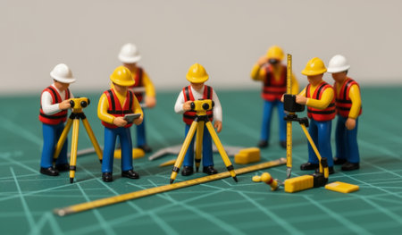 A team of small construction figures works diligently on a green surface. They measure and survey using tools like levels and tripods, showcasing teamwork in a detailed scene.の写真素材