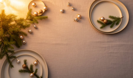 A cozy dinner scene features two elegant plates adorned with delicate sprigs of evergreen and golden ornaments. Soft light creates a warm ambiance, perfect for holiday gatherings.の写真素材