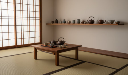 Sunlight filters through shoji screens, illuminating a simple wooden table set with teapots and tea cups.の写真素材