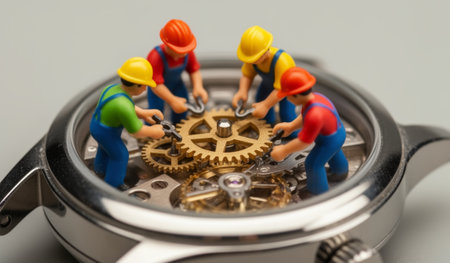 Four tiny toy figures dressed in colorful hats and overalls work diligently on the intricate gears. Their teamwork highlights the beauty of craftsmanship in a detailed, metal environment.の写真素材