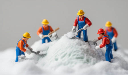 Miniature construction workers, dressed in bright outfits, are busy constructing a snowy mountain. They use tools to shape the fluffy white snow, creating a fun winter landscape.の写真素材