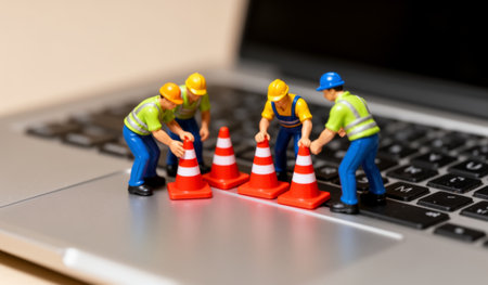 Small figurines of construction workers arrange traffic cones on a laptop keyboard, showcasing creativity and fun. This playful scene blends technology and construction in a unique way.の写真素材