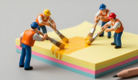 Miniature workers in hard hats collaborate on a colorful post-it note. They carefully paint bright yellow using oversized brushes, showcasing teamwork and creativity in a playful setting.の写真素材