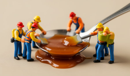 In a whimsical kitchen setting, tiny construction workers gather around a giant spoon filled with gooey caramel.の写真素材