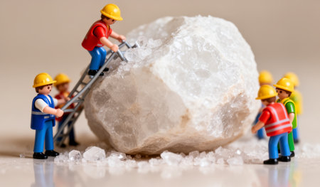 Small figures dressed in construction gear work together to uncover a large, shiny crystal. They climb ladders and gather around, showcasing teamwork and determination in their tiny landscape.の写真素材