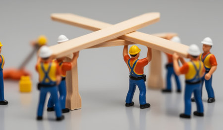 Miniature workers in bright safety attire are seen lifting wooden beams together, creating a structure.の写真素材