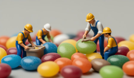Small construction figures hard at work, shaping a vibrant candy landscape filled with jelly beans of various colors.の写真素材